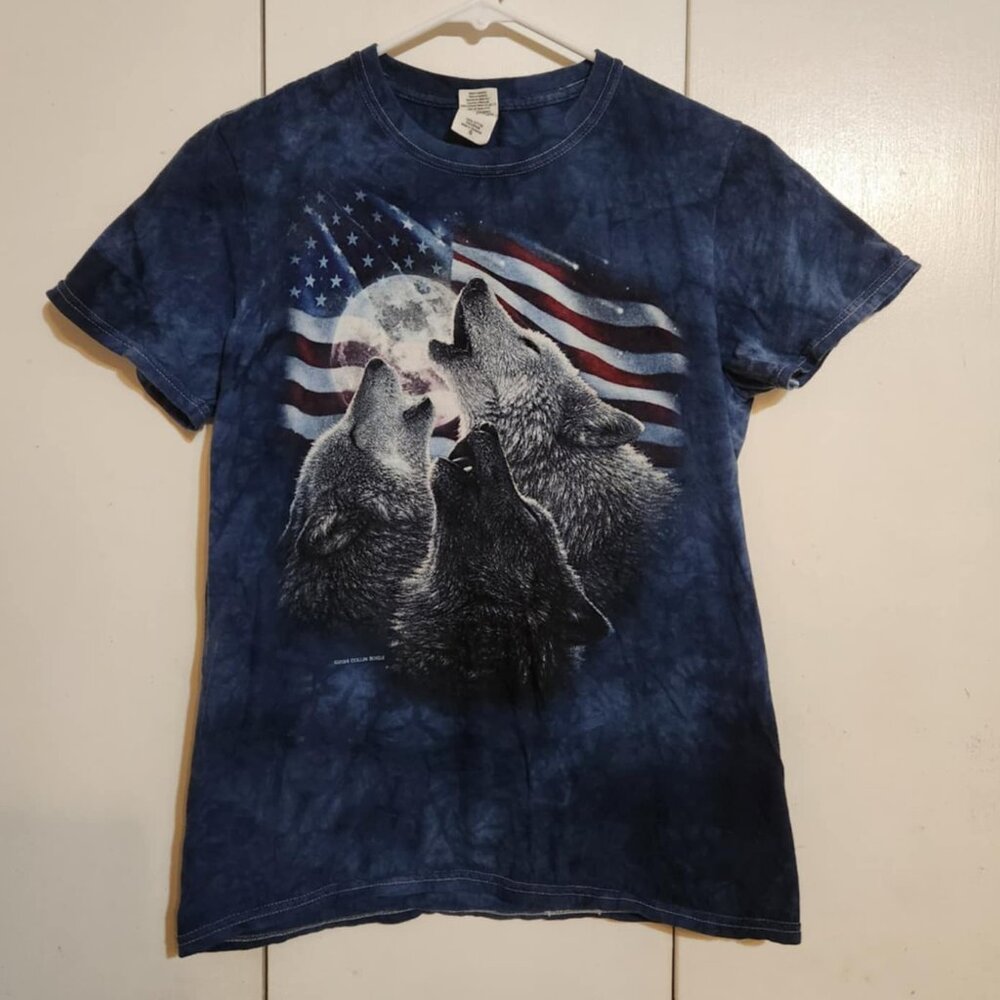 Small Howling Wolves Moon American Flag Tie-Dye Blue Shirt 2014 Collin Bogle